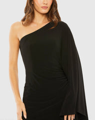 Black One Shoulder Cape Sleeve Ruched Detail Jersey Dress