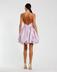 Purple Halter Neck Bubble Hem Satin Mini Dress