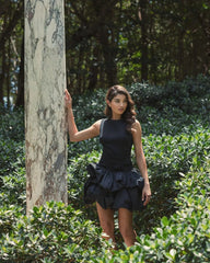 Black Sleeveless Crepe Bubble Skirt Mini Dress