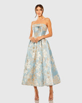 Blue Strapless Brocade Midi Dress with Pockets