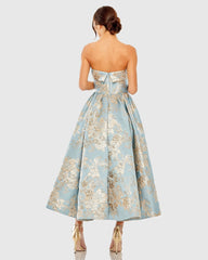 Blue Strapless Brocade Midi Dress with Pockets