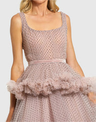 Pink Sleeveless Dot Net Ruffle Dress