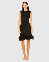 Black Shift Dress with Feather Trim