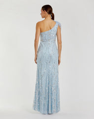 Blue Feathered One Shoulder Embellished Applique Gown