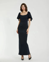 Navy Crepe Fitted Column Dress With Short Ruffle Sleeves - FINAL SALE