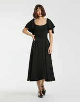 Black Crepe Ruffle Sleeve Midi Dress With Belt