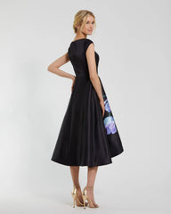 Black Satin Cap Sleeve Midi Dress With Floral Print