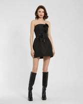 Black Strapless Faille Mini Dress With 3D Flower Detail