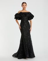 Black Beaded Mermaid Gown With Off The Shoulder Ruffle