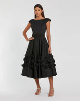 Black Satin Cap Sleeve A Line Midi Dress With 3D Flowers