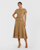 Gold Boucle Cap Sleeve High Neck Button Up Midi Dress
