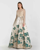 Gold Long Sleeve Embellished Floral Brocade Ball Gown