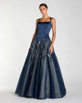 Navy Embellished Satin Ball Gown With Tulle Skirt