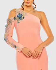 Pink One Shoulder Long Sleeve Floral Embellished Gown