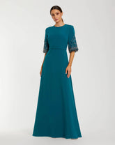 Blue Crepe A Line Gown with Beaded 3/4 Sleeves