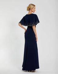 Navy Crepe High Neck Fitted Gown With Beaded Shawl