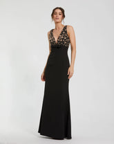 Black Crepe Sleeveless Beaded V Neck Gown With Bow