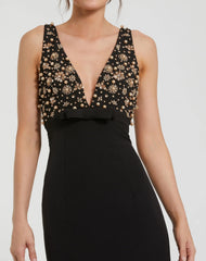 Black Crepe Sleeveless Beaded V Neck Gown With Bow