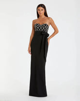 Black Strapless Embellished Crepe Gown With Bow
