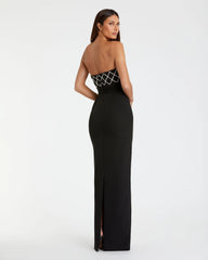 Black Strapless Embellished Crepe Gown With Bow