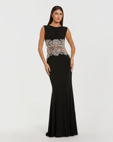 Black Sleeveless Jersey Gown With Beaded Waist Detail