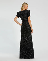 Black Gathered Short Sleeve Embellished Gown
