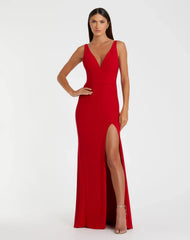 Red Plunge Neck High Slit Gown