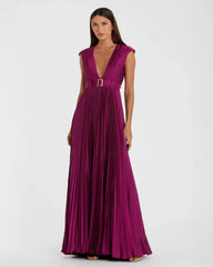 Purple Pleated Plunge Neck Belted A Line Gown