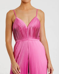 Pink Pleated Plunge Neck Wide Leg Jumpsuit