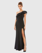 Black One Shoulder Ruffle Evening Gown