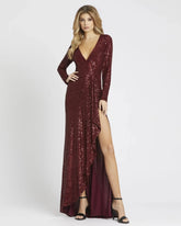 Red Faux Wrap Long Sleeve Sequin Gown