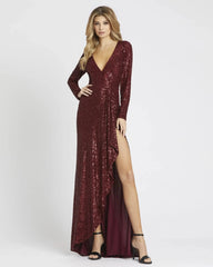 Red Faux Wrap Long Sleeve Sequin Gown