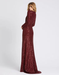 Red Faux Wrap Long Sleeve Sequin Gown