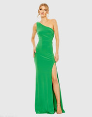 Green Jersey One Shoulder Draped Back Gown