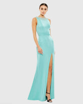 Blue Sleeveless Rhinestone Collar Column Gown