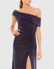 Purple Foldover Off-the-Shoulder Slit Gown