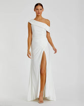 White Foldover Off-the-Shoulder Slit Gown