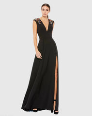Black Beaded Cap Sleeve V Neck A Line Gown