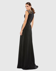 Black Beaded Cap Sleeve V Neck A Line Gown