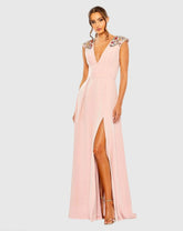 Beaded Cap Sleeve V Neck A Line Gown