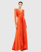 Orange Pleated Long Sleeve V-Neck Gown