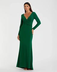 Green Long Sleeve Ruched Jersey V-Neck Gown