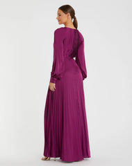 Purple Pleated High Neck Raglan Long Sleeve Side Slit Gown