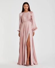Pleated High Neck Raglan Long Sleeve Side Slit Gown