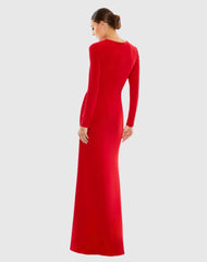 Red Jersey Long Sleeve Asymmetrical Ruched Gown