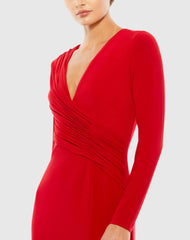 Red Jersey Long Sleeve Asymmetrical Ruched Gown