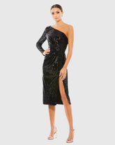 Black Ruched Sequined One Shoulder Midi Dress