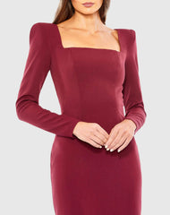 Red Square Puff Shoulder Long Sleeve Midi Dress