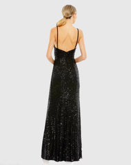 Black Sequined Draped V Neck Gown