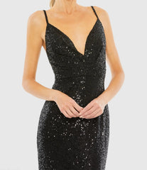 Black Sequined Draped V Neck Gown